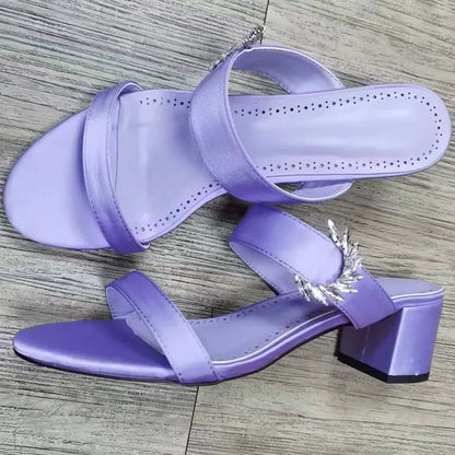 2025 Newest Rhinestone Sandals Woman Open Toe Pink Puple Luxury Satin High Heels Lady Sexy Muller Slippers