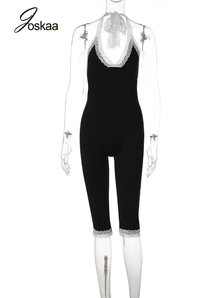 Joskaa Black Lace Trim Halter Capri Jumpsuits Women Sexy V-Neck Backless Sleeveless Bodycon Knee Length Rompers Y2K Streetwear