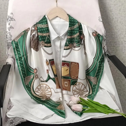Luxury Retro Printed Silk Bandana Square Scarf, 90 * 90CM, Women's Fashionable Tie Headscarf, Casual Shawl, Belt