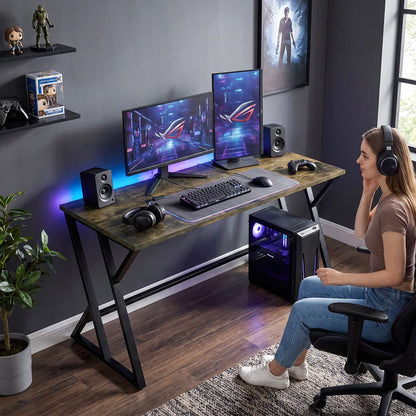 Industrial Z‑Frame Computer Desk 55.1", Rustic Wood Grain Writing Desk with Matte Black Metal Base, 132 Lbs Capacity Home Office Workstation for Bedroom Office