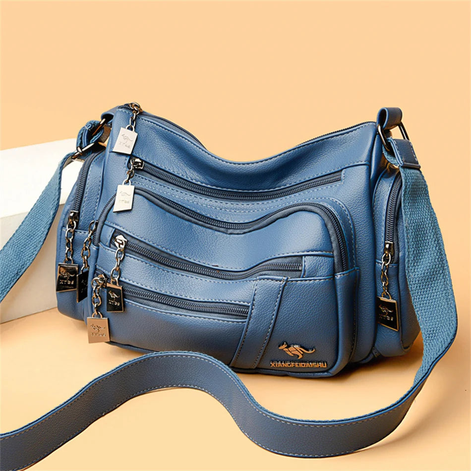 Many Pockets Women Leather Top-handle Bag Luxury Designer Female Shoulder Messenger Shopper Bags Brand Ladies Crossbody Handbags