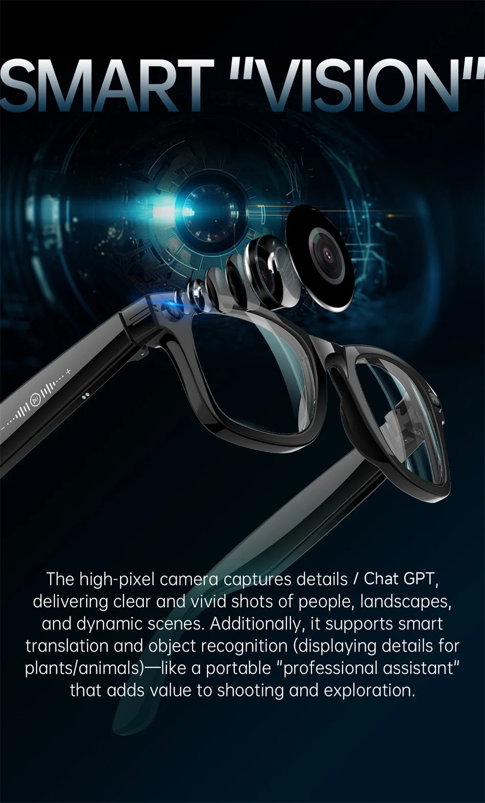 Smart Glasses 13MP HD Camera 4K Video Antishake Recording AI Translation Bluetooth Call Music Photo Recognition Sport Sunglasses