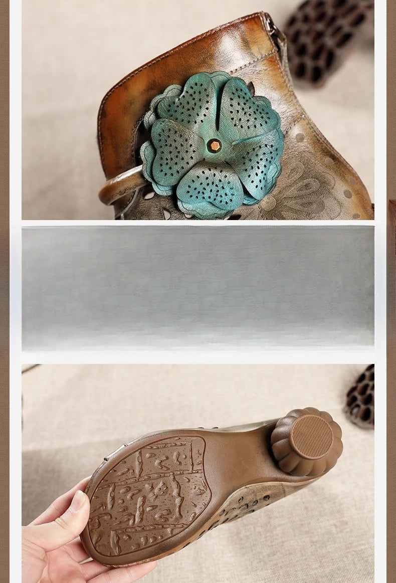 Myjyjz 6cm Genuine Leather Chunky Heels Hollow Women Shoes Ethnic Ankle Boots Zip Summer Pumps Flower Sandals (Size Runs Small）