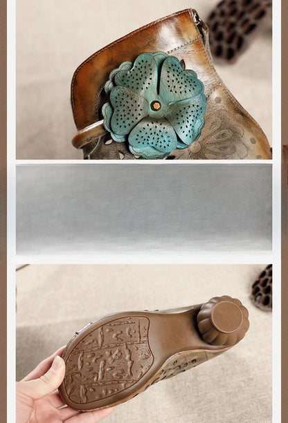 Myjyjz 6cm Genuine Leather Chunky Heels Hollow Women Shoes Ethnic Ankle Boots Zip Summer Pumps Flower Sandals (Size Runs Small）