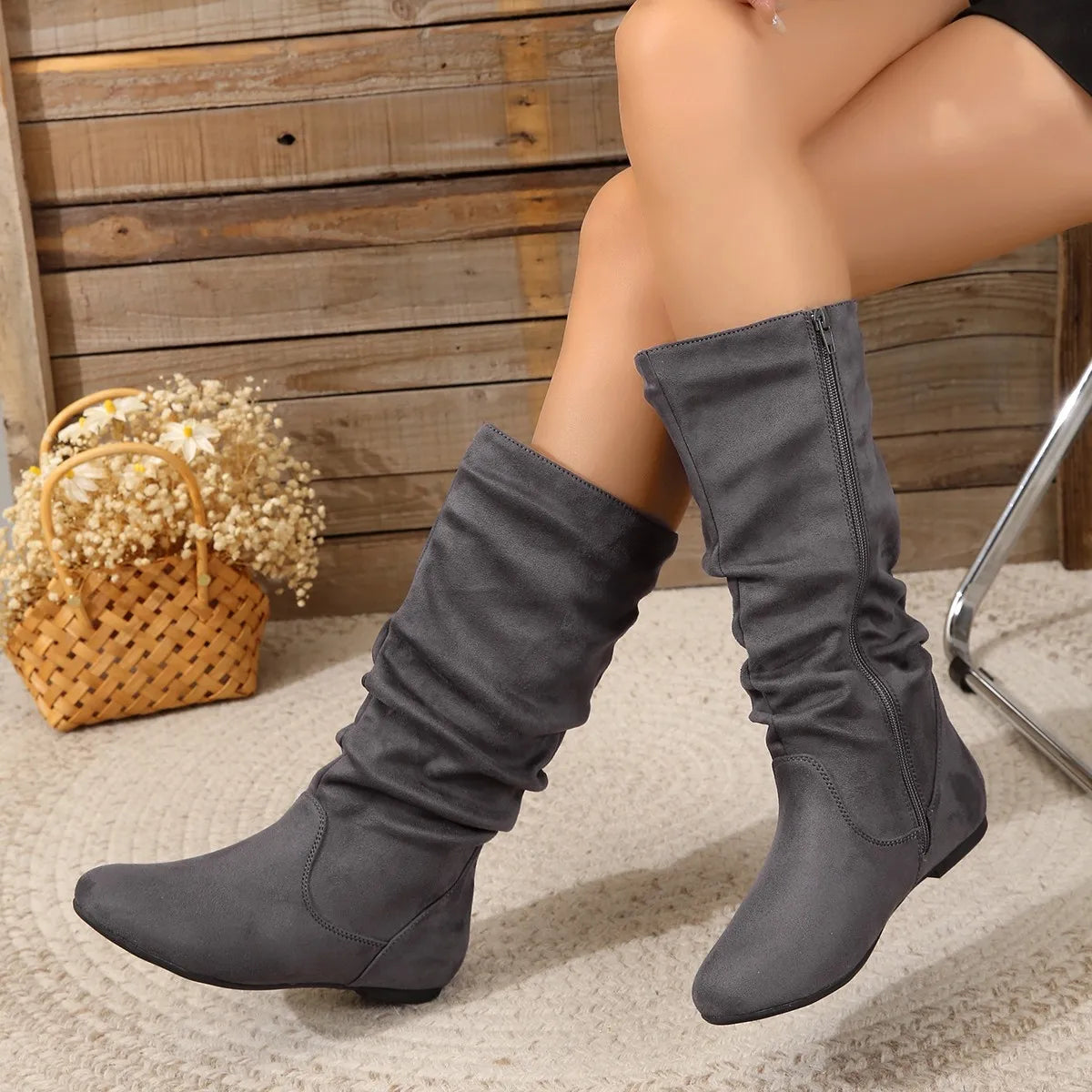 Fashion Faux Suede Mid-calf Boots for Women Plus Size Autumn and Winter New Round Toe Side Zipper Pleated Flat Boots Botas Mujer