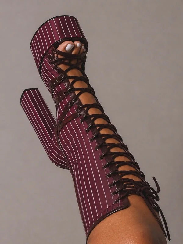 Striped Lace Up Hollow Out Platfrom Sandal Boots Sexy Round Toe Square Heel Customized New Arrivals Fashion Women Modern Shoes