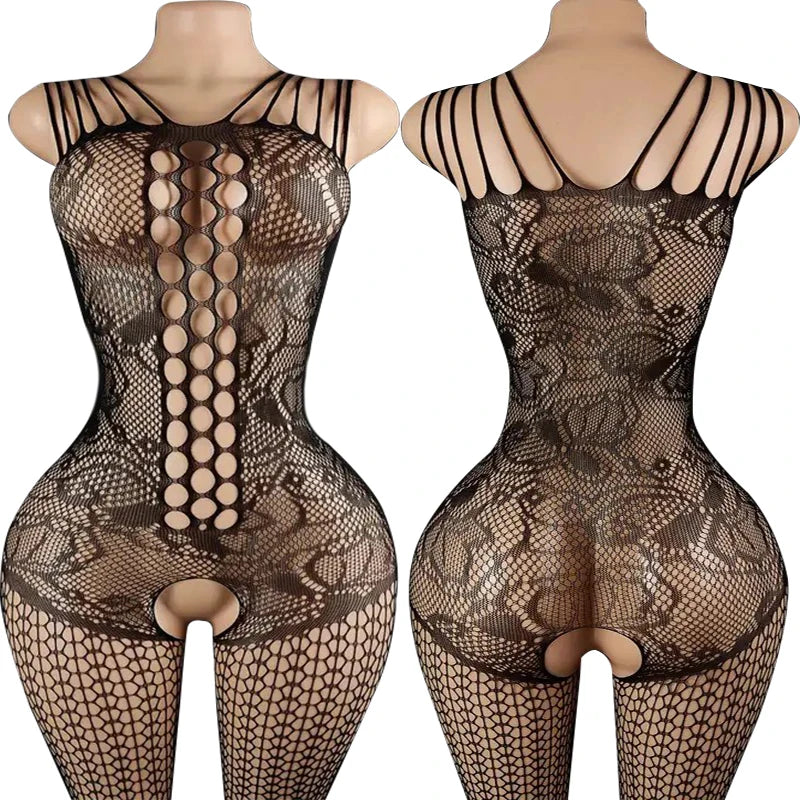 High Neck Fishnet Hollow Bodysuits For Women Sexy Long Sleeve Crotchless Jumpsuits Erotic Outfits Mesh See Through Teddy Rompers
