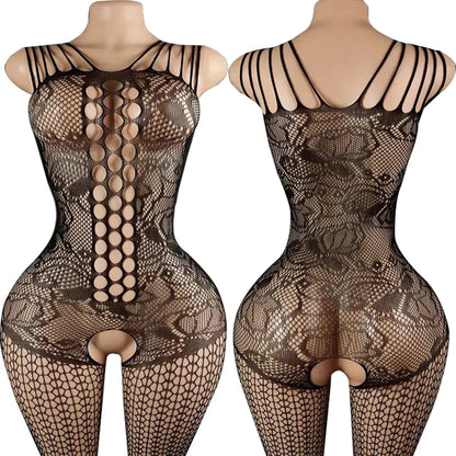 High Neck Fishnet Hollow Bodysuits For Women Sexy Long Sleeve Crotchless Jumpsuits Erotic Outfits Mesh See Through Teddy Rompers