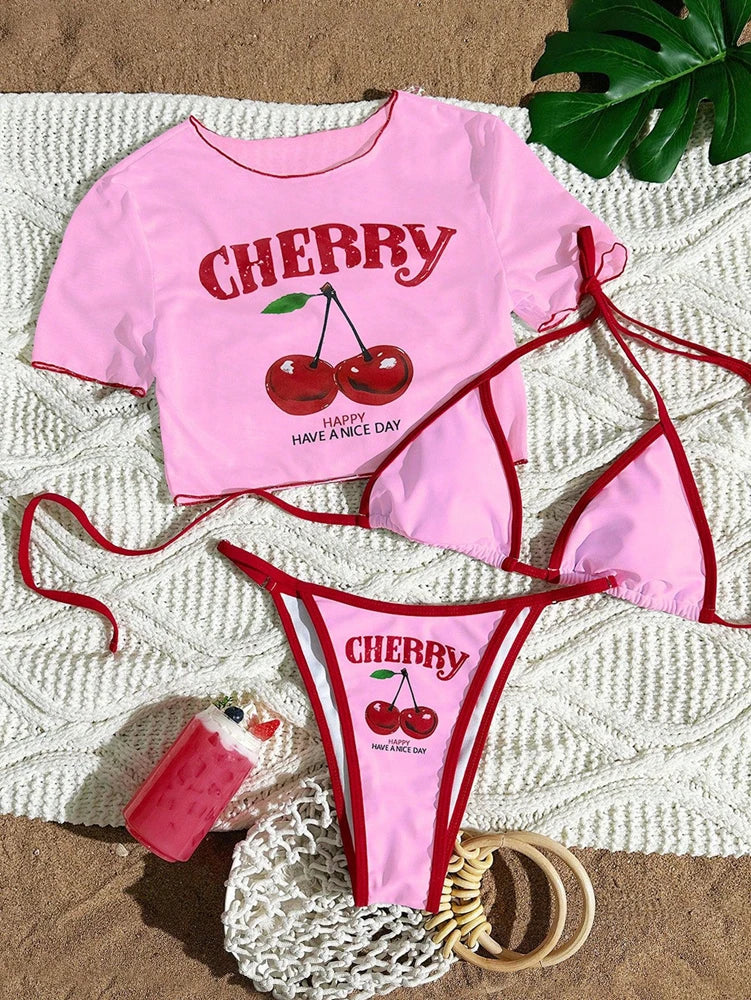 Cute Halter Bikini 3 Pieces Cherry Print 2026 Sexy & Fresh Feeling Bathing Suit Three-Piece Swimsuit Dark Blue Beach Swimwear
