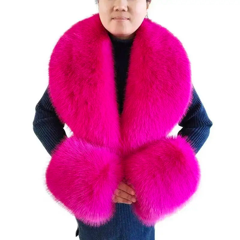 Large Women Faux Fox Fur Scarf Winter Jackets Warm Fluffy Shawl Fashion Artificial Fur Collar And Cuff Set Fluffy Scarves Female