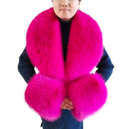 Large Women Faux Fox Fur Scarf Winter Jackets Warm Fluffy Shawl Fashion Artificial Fur Collar And Cuff Set Fluffy Scarves Female