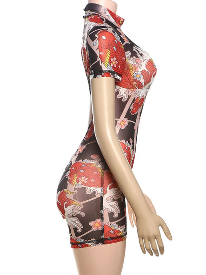 Weird Puss Backless Playsuit Women See Through Shorts Sleeve Peach Buttocks Summer Trend Aesthetic Print Midnight Club Romper