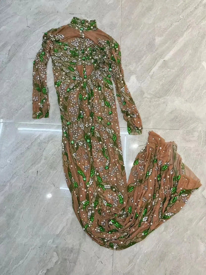 Spring Leaves Green Rhinestones Evening Party Long Dress Singer Celebrity Sexyransparent Sleeveless Model Catwalk Costume