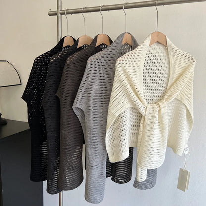 Knitted Hollow T-shaped Shawl for Women 2026 Summer New Thin with Wool Knot Decoration Sun-protective Vest on The Shoulders