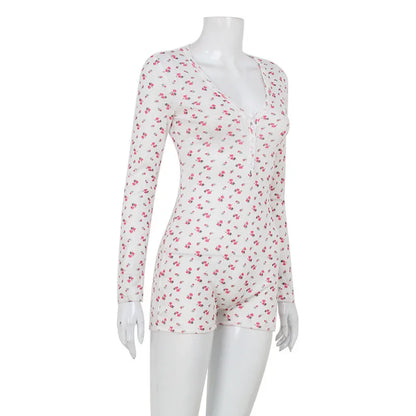 Casual Women Playsuits O-Neck Regular Long Sleeves t shirt Print Single Breasted Skinny Homewear Floral Sweet Femlae Rompers