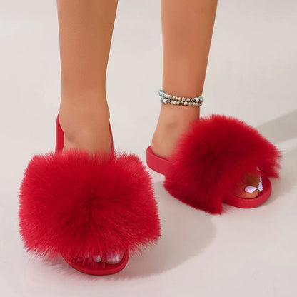 Fashion Fox Fur Slides Women Luxury Designer Summer Sandals Ladies Furry Lazy Slippers Fluffy Flip Flops Shoes Plus Size Shoes