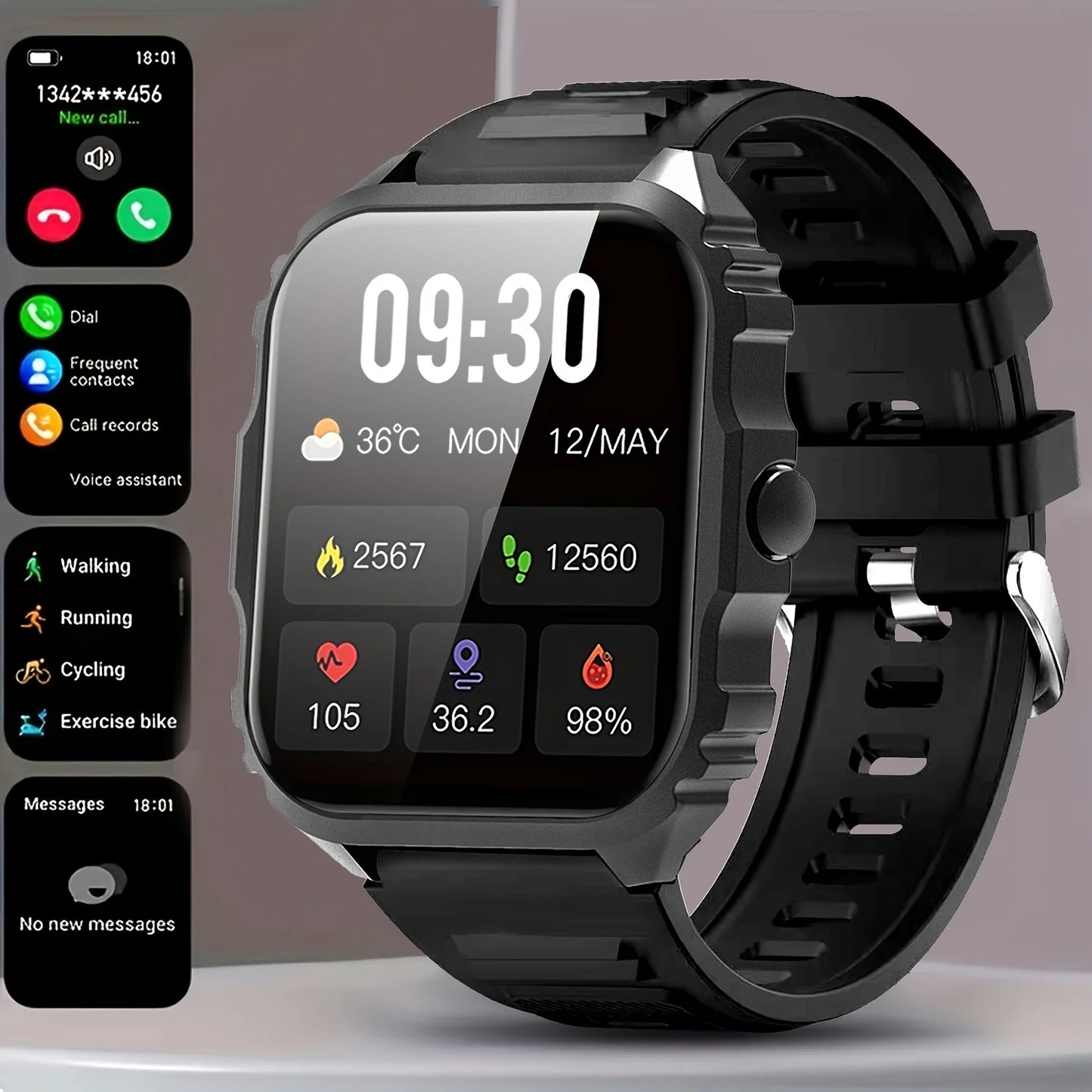New Lightweight Casual Running Smart Watch, SMS Alerts, Wireless Calling, Changeable Watch Faces, Fitness Monitor, Music Playback, Weather Forecast,Suitable for Iphone & Android