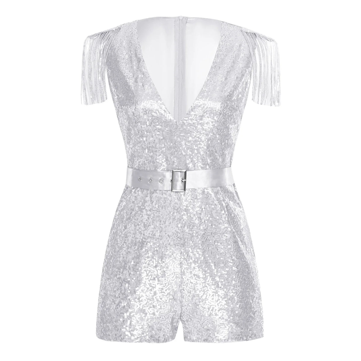 Women Sequined Unitard Fashion Short Romper Belted Tassels Jumpsuits Clubwear Sleeveless Sparkly Rave Disco Club Party Costume