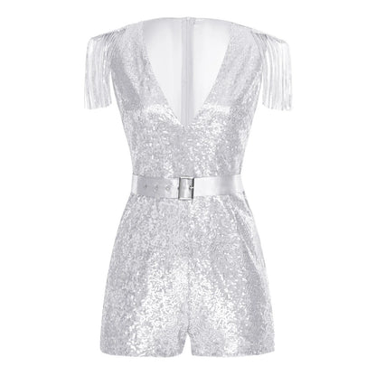 Women Hot V-neck Sequined Tassels Party Jumpsuits Fashion Romper Sparkly with Belt Music Festival Rave Disco Clubbing Costume