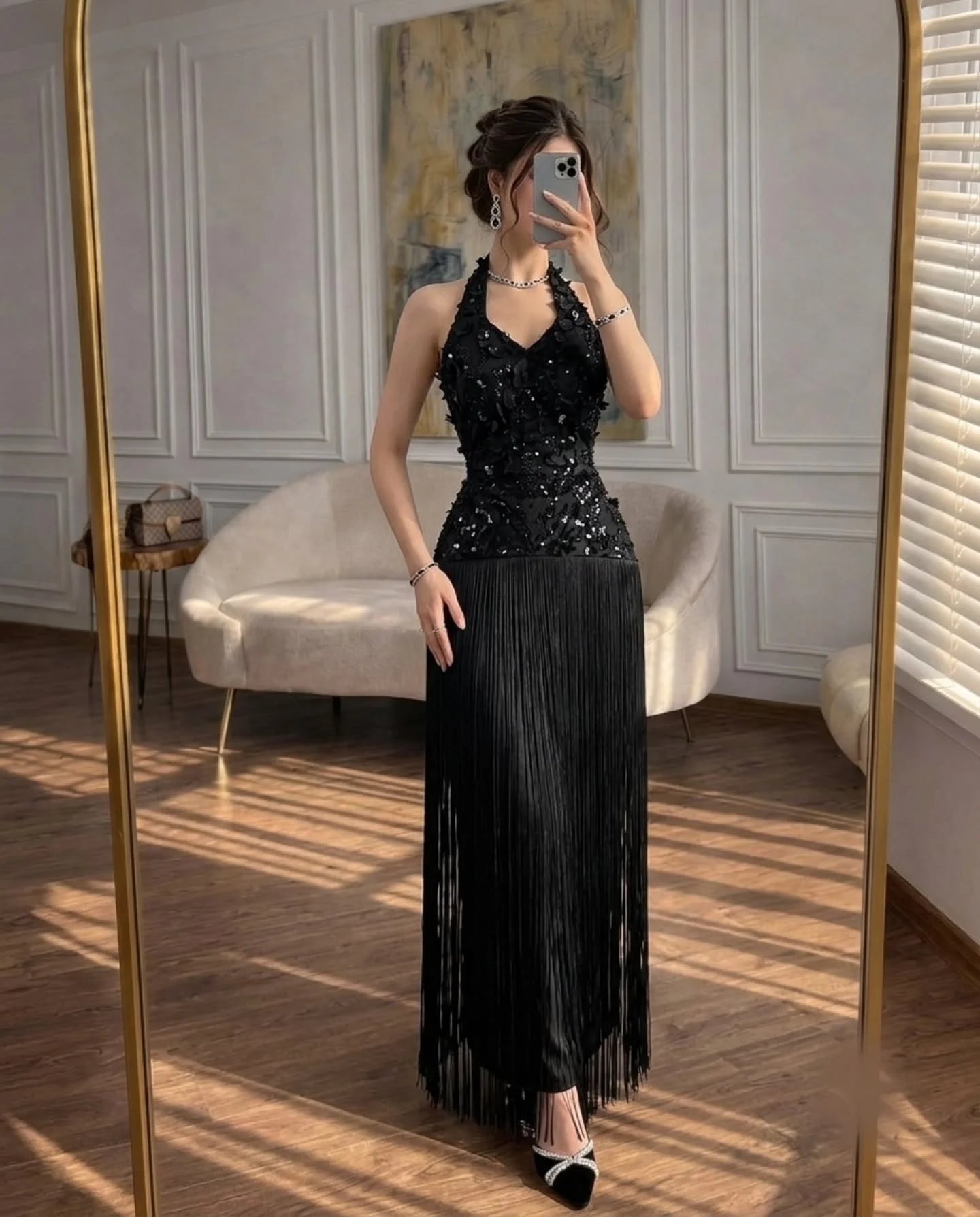 Luxury Black V Neck 3D Flower Sequin Fringe Evening Dress A-Line Women's Formal Evening Gowns Wedding Party Dresses Customized