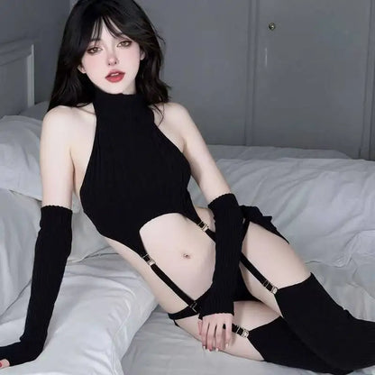 Sexy Backless Sweater Cosplay High Neck Socks Gloves Pure Desire Women Rompers Clothing Body Suits Sweet Sexy Women Top 1ZYF