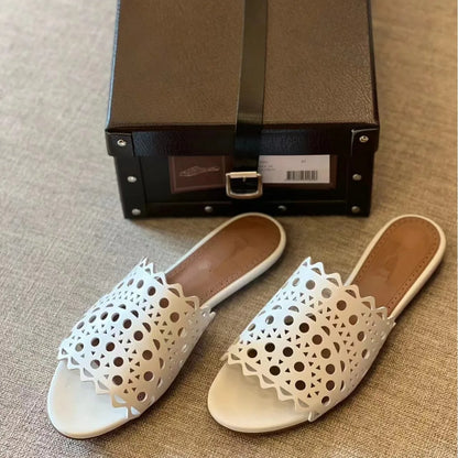 Hollow Out Flat Slippers pu Leather High Quality Summer Sandals 2024 New Luxury Design Women's Shoes Beach Slides