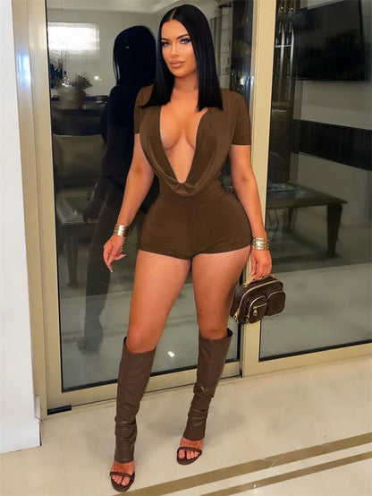 Sexy Deep V-neck Solid Bodycon Romper for Woman Jumpsuits Short Sleeve Skinny One Pieces Playsuit Club Party Combishort Femme