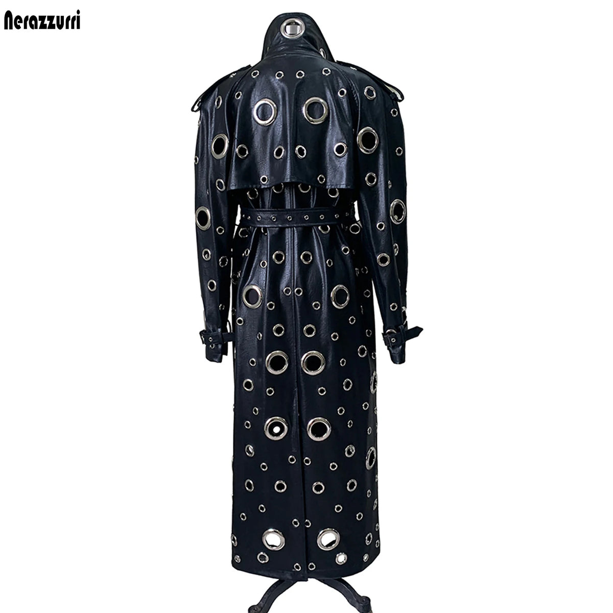 Nerazzurri Autumn Oversized Extra Long Pu Leather Trench Coat for Women Holes Hollow Out Luxury Designer Emo Streetwear Overcoat