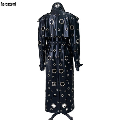 Nerazzurri Autumn Oversized Extra Long Pu Leather Trench Coat for Women Holes Hollow Out Luxury Designer Emo Streetwear Overcoat