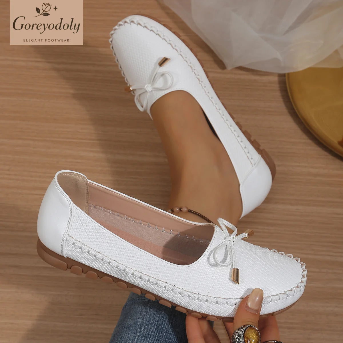 Goreyodoly Womens Casual Slip On Flats Woven Pattern Bow Breathable Lightweight Comfortable Daily Walking Shoes