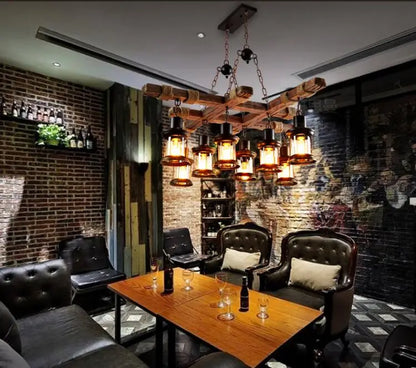 8 Lights Retro Wood Pendant Lights 8 Head Vintage Industrial Loft Glass Iron LED Chandelier Suspension Lamp Wooden Droplight
