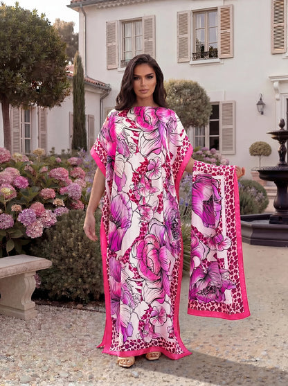 Tropical Floral Leopard Print Satin Abaya Scarf Set, Loose Batwing Maxi Kaftan For Muslim Women Summer Beach Vacation Wear