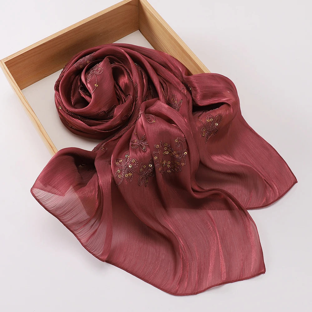 Elegant Embroidery Glitter Shimmer Hijab Shawl Pleated Glitter Chiffon Shawl Lightweight Crinkle Flowy Plain Hijab Scarves