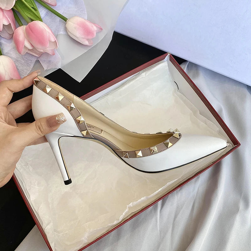 Luxury Brand Women's Shoes Woman Sandals Summer Rivets High Heels Side Empty Female Leather Fashion Prom Ladies Shoes Women 2026