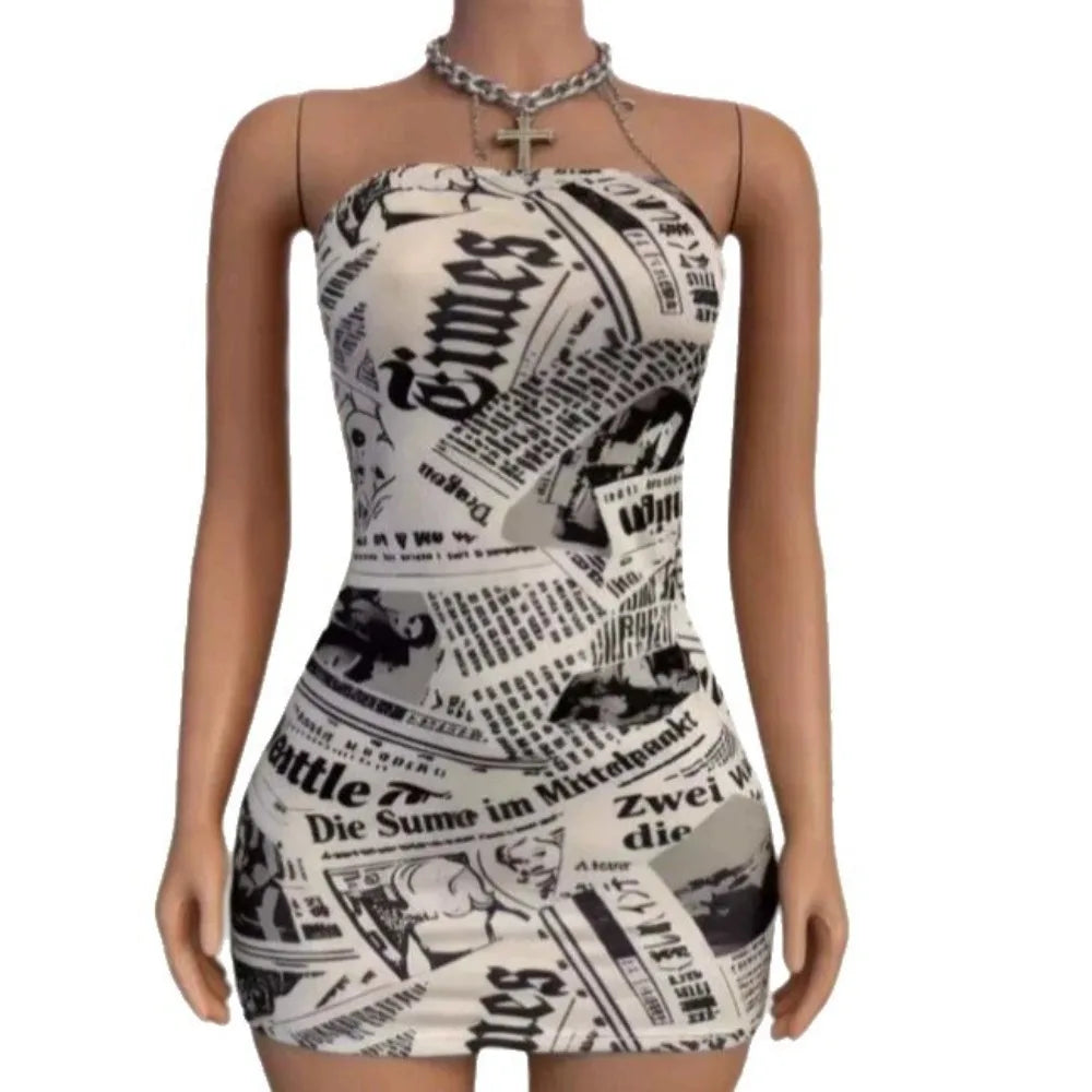 HLJ&GG Trend Sexy Stripes Letter Print Bodycon Mini Tube Dresses Women Off Shoulder Backless Slim Vestidos Fashion Streetwear