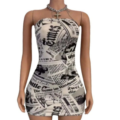 HLJ&GG Trend Sexy Stripes Letter Print Bodycon Mini Tube Dresses Women Off Shoulder Backless Slim Vestidos Fashion Streetwear