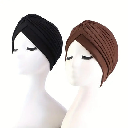 2pcsWomen's Pleated Knot Turban Hat, Soft Stretchy Beanie Cap for Chemo Hair Loss, Muslim Hijab Headwrap, Fashion Daily Headwear