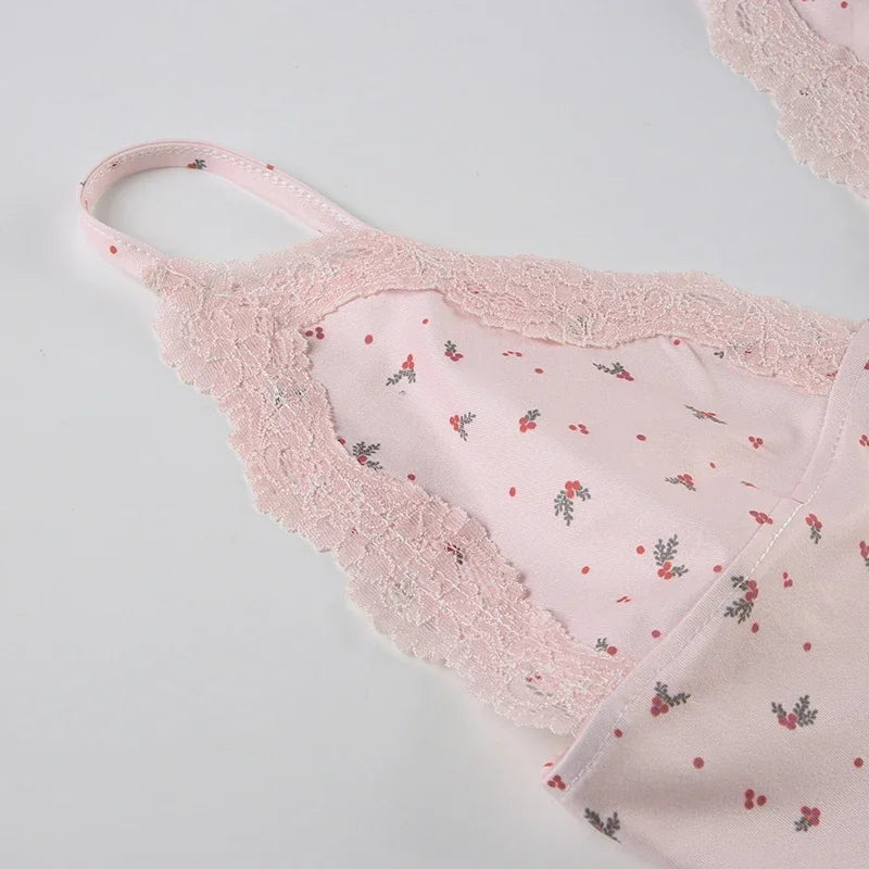 Summer Two-piece Pajamas Set for Women Sleepwear  Floral Lace Pink Sleeveless Camisoles and Slim Shorts Loungewear