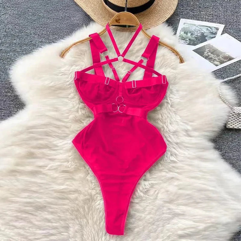 Coquette Lace Lingerie Set Sexy Mesh Bodysuit Valentines Day Sleepwear Gothic Strappy Catsuit Intimate Nightwear Romper