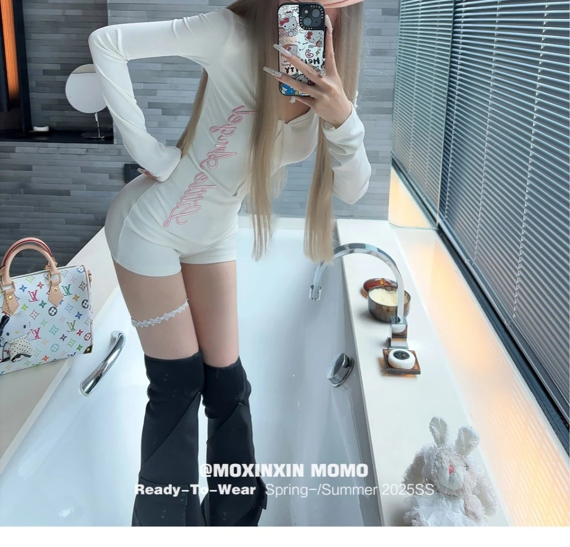 Pure Desire American Long Sleeved T-shirt Jumpsuit Slim Fit Letter Spicy Girl Sexy Sports Fitness Yoga Cycling Jumpsuit Shorts