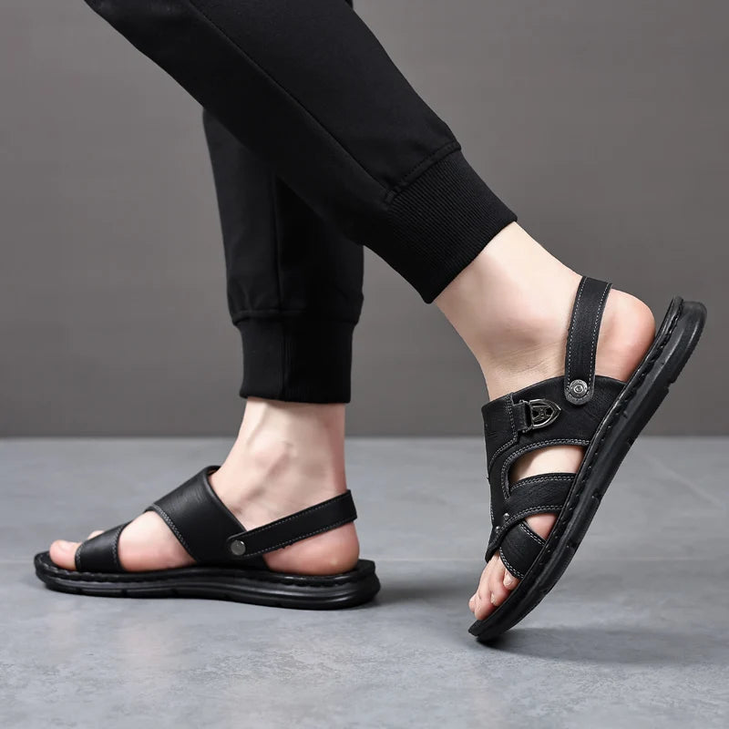 Mens Slippers 2026 New Summer Breathable Outdoor Non Slip Thick-soled Beach Shoes Leather Comfortable Casual Driving Sandals Man