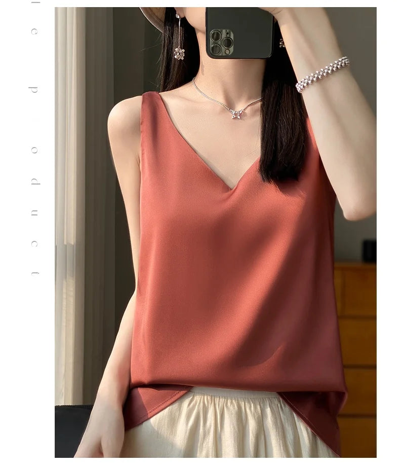 New Lce Silk Satin Camisole Women's Spring/Summer Solid Color Sleeveless Sexy Comfortable Silk Underwear Vest RW-D09