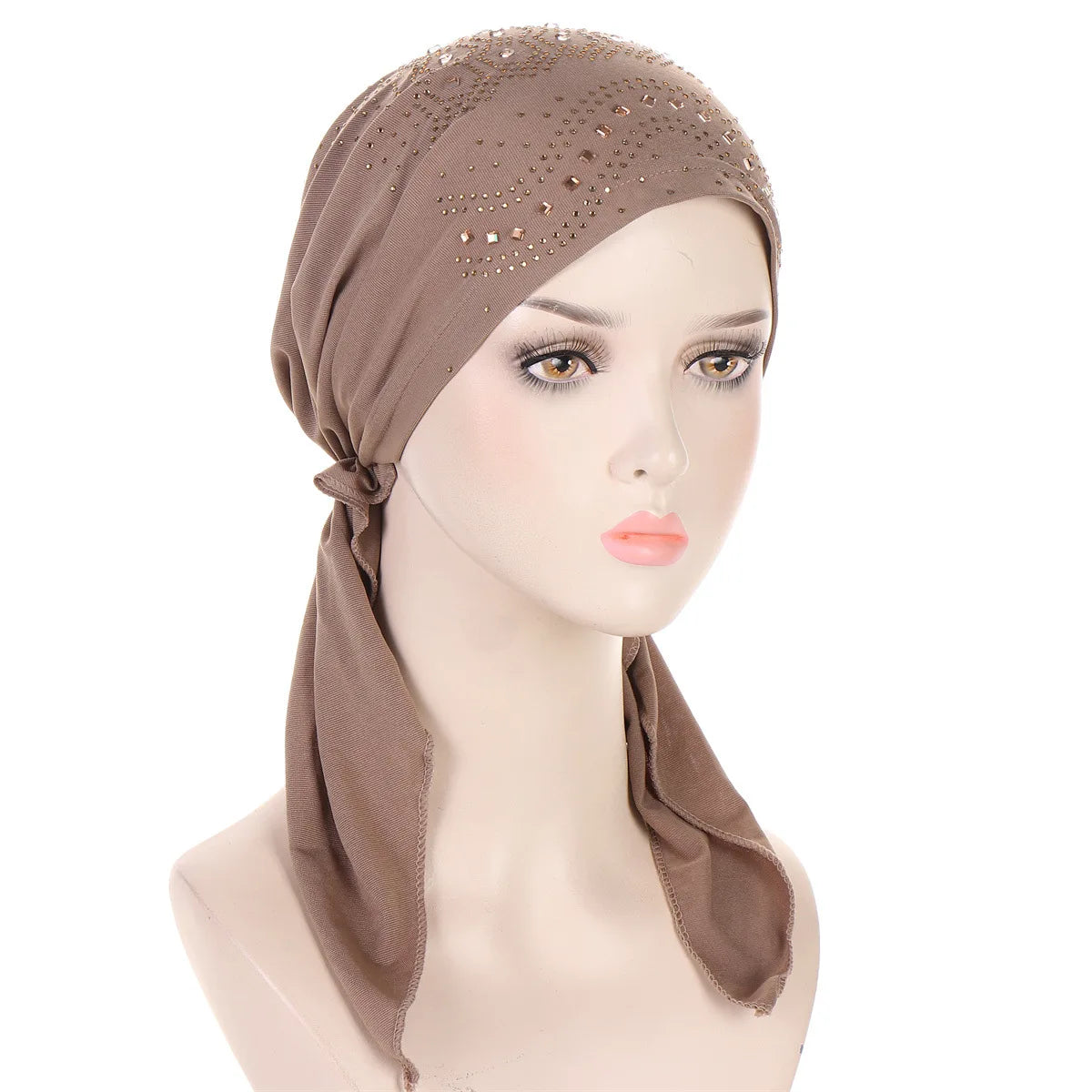 Fashion Diamond Women's Hijab Solid Color Muslim Ladies Turban Bonnet Soft Elastic Long Tail Head Wrap Head Scarf Indian Hats
