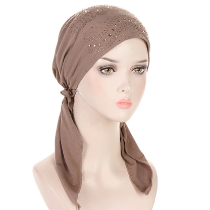 Fashion Diamond Women's Hijab Solid Color Muslim Ladies Turban Bonnet Soft Elastic Long Tail Head Wrap Head Scarf Indian Hats