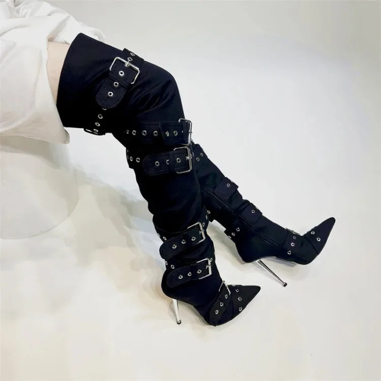 New Women Denim Metal Rivet Buckle Sandals Women Sexy Punk Style Pointed Hollow Metal 11cm High Heel Knee High Boots Size34-43