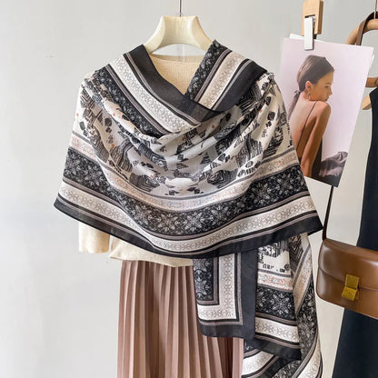Sun Protection Silk Scarf Women's Retro Ethnic Style Cotton Linen Beach Holiday Wrap Shawl Outerwear Geometric Print Korean S...