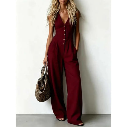Women V Neck Spaghetti Strap Jumpsuit High Waist Pleated Wide Leg Long Pants with Pockets Casual Vacation Solid Overalls