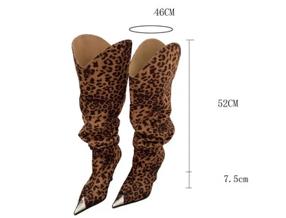 ZAROY Punk Metal Pointed Toe Knee High Boots Women Winter Retro Leopard Print Square Low Heels Pleated Western Cowboy Long Botas