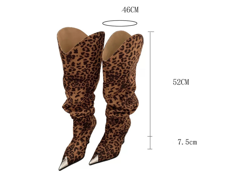 ZAROY Punk Metal Pointed Toe Knee High Boots Women Winter Retro Leopard Print Square Low Heels Pleated Western Cowboy Long Botas