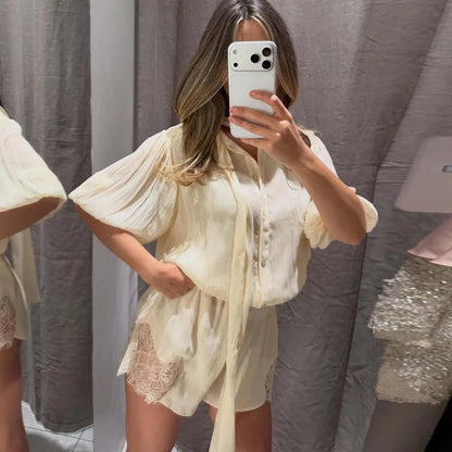 HXAO Lace Bodysuit Women Off White Short Jumpsuit With Bow Ties Puff Short-Sleeved Button Playsuit Summer Casual Baggy Rompers